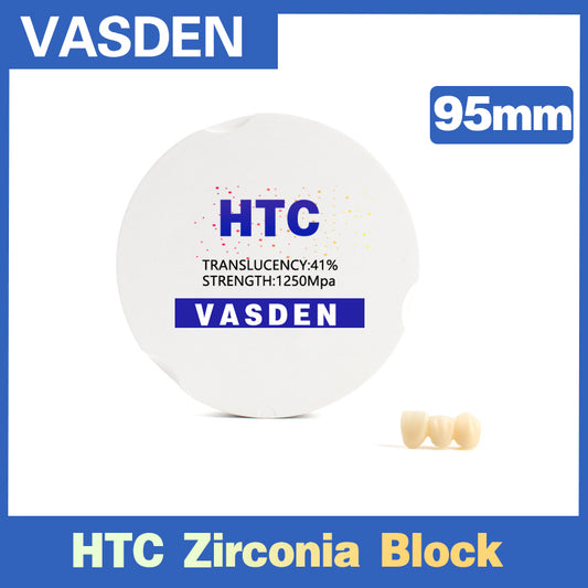 Циркониевые блоки Vasden HT Preshaded диаметром 95 мм. Используется для коронок и мостов. 16-цветные и BL-цветные циркониевые блоки.
