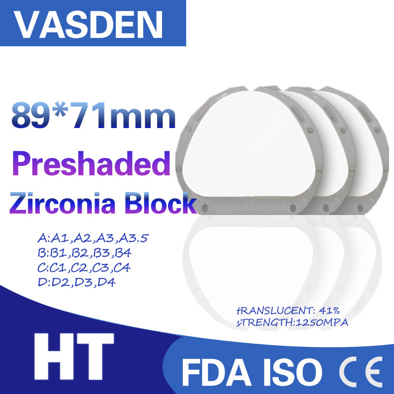 Vasden HT Preshaded 89*71mm Zirconia Blocks Used for crown and bridge 16 color and BL color zirconium blocks