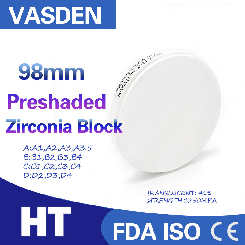 Vasden HT Preshaded 98mm Zirconia Blocks بەکاردێت بۆ تاج و پرد 16 ڕەنگ و BL بلۆکی زیرکۆنیۆم